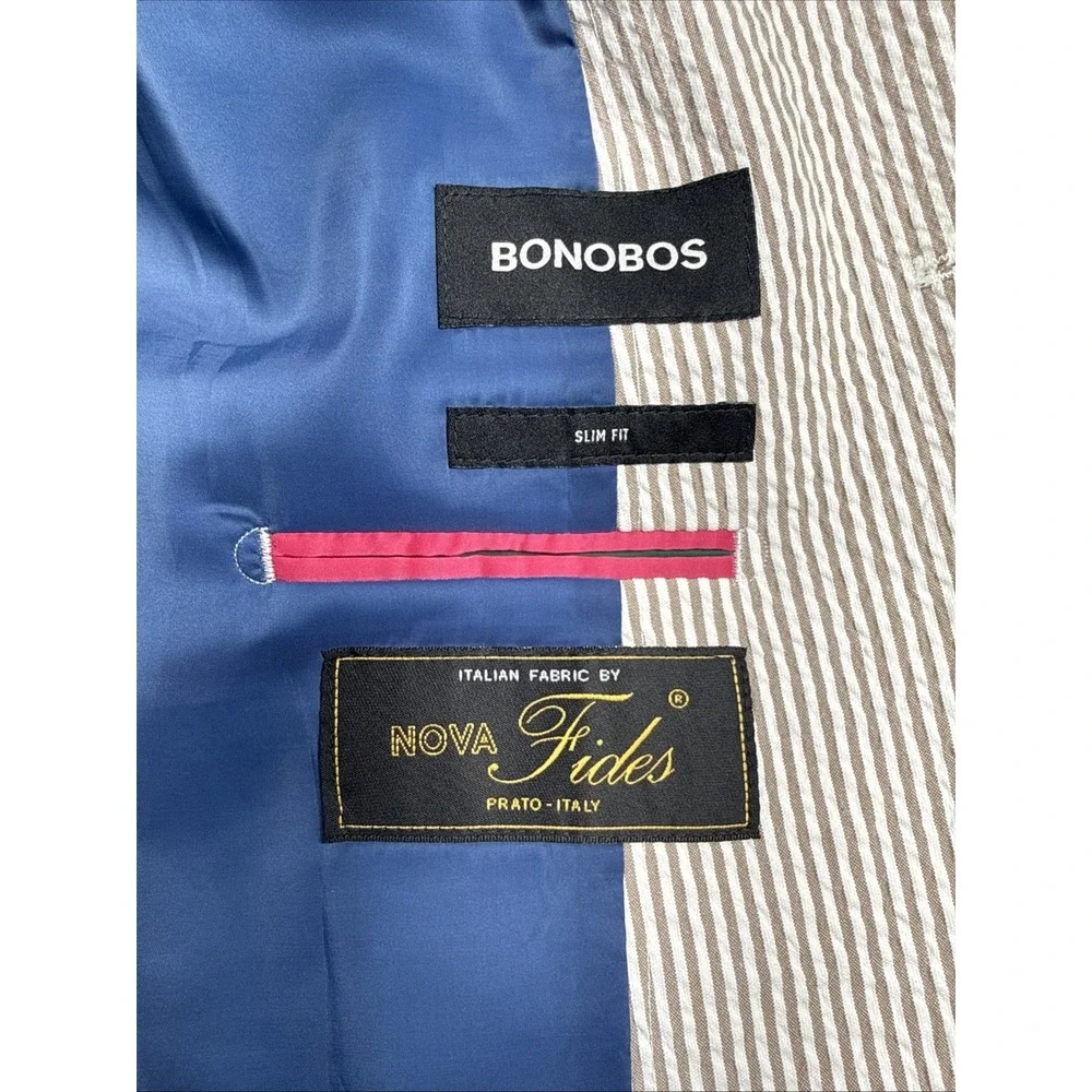 Bonobos Nova Fides Italy Seersucker Suit Beige Striped 40S Blazer 32x27 Pants